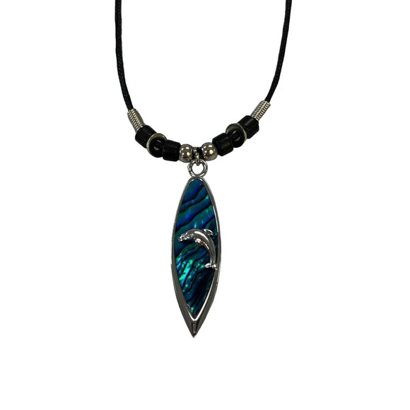 Paua Abalone Dolphin Pendant Blue Silver Necklace - Picture 2 of 5